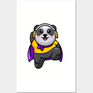 Cute super panda with headphones Posters and Art